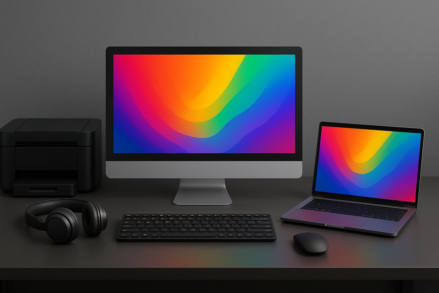 Modern desk with colorful desktop and laptop, printer, keyboard, mouse, and headphones.
